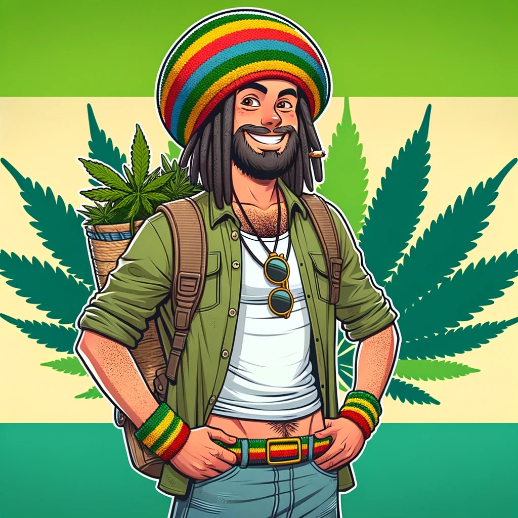 DALL·E 2024-02-19 15.57.31 - A cartoon featuring a stoner wearing a Rasta hat and hemp clothing, proudly displaying their fashion choice, standing in front of a cannabis leaf back