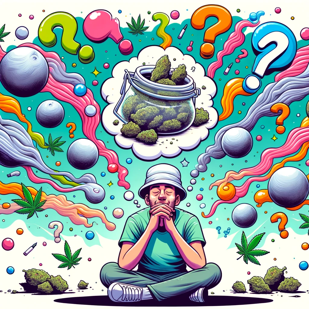 DALL·E 2024-02-19 15.57.34 - A cartoon showing a stoner deeply engrossed in thought, surrounded by floating abstract shapes and question marks, representing them having profound o