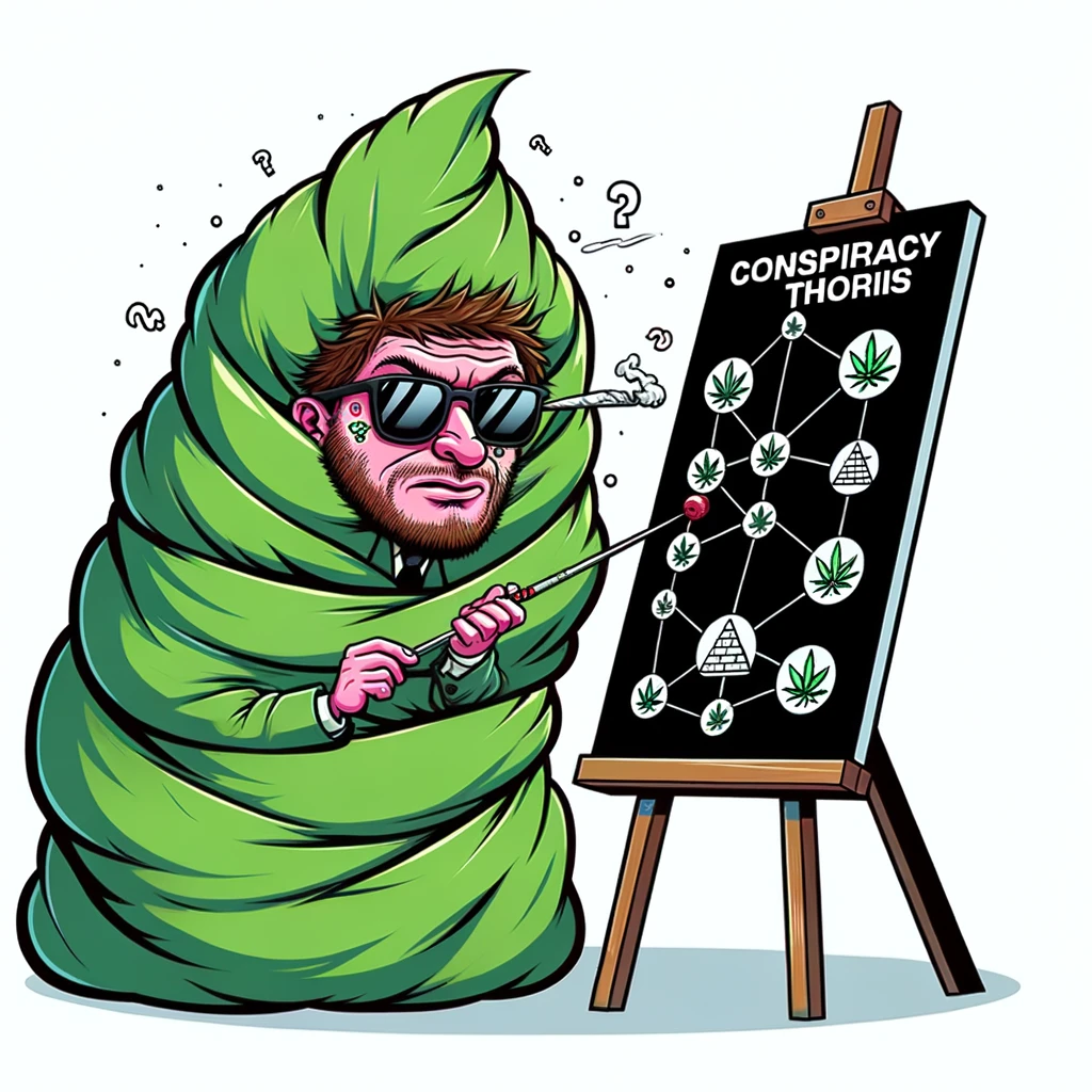 DALL·E 2024-02-19 15.57.58 - A cartoon depicting a stoner wrapped in a conspiracy theory board, connecting dots and looking suspiciously around, humorously illustrating the stereo